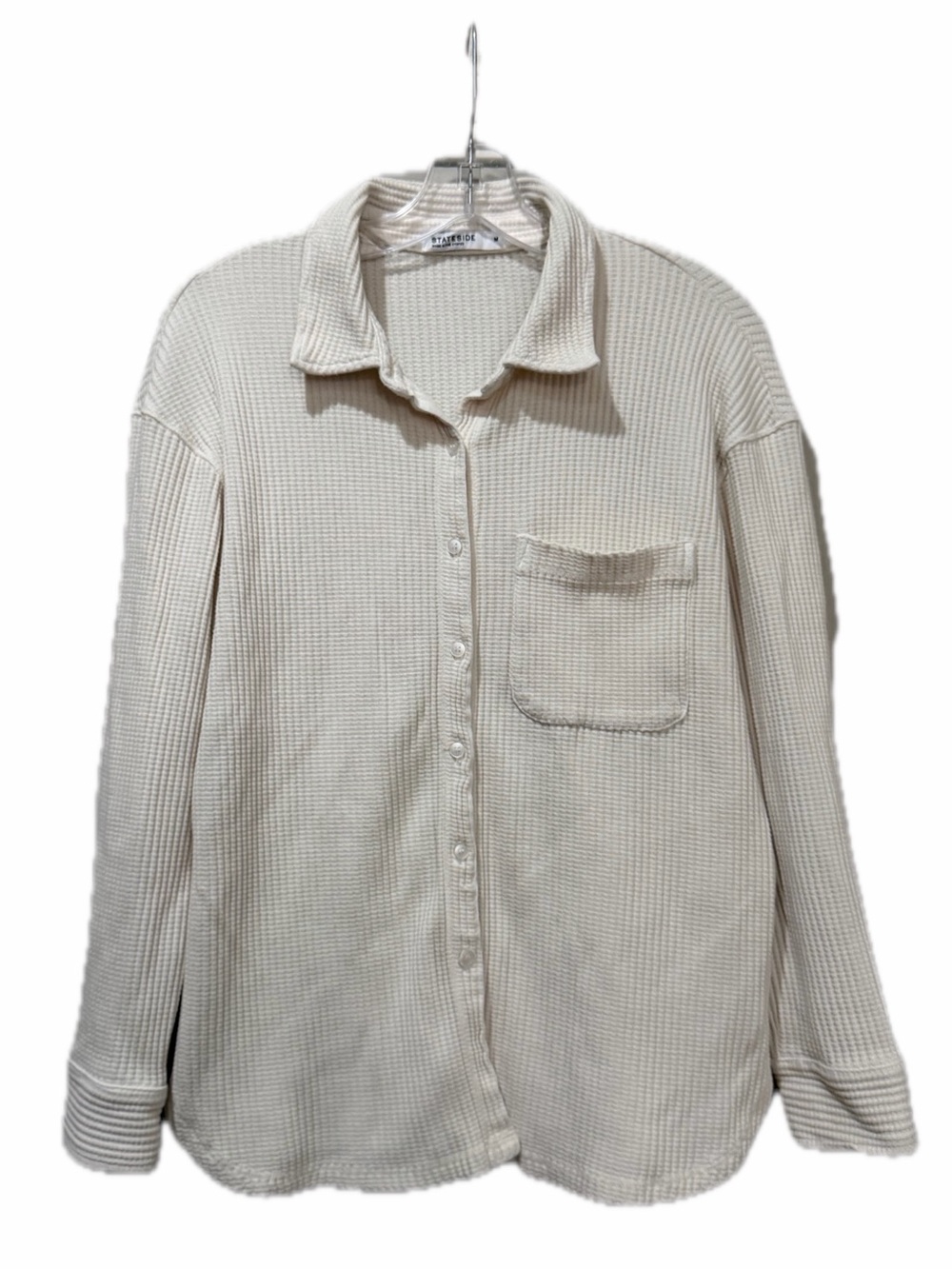 Stateside Luxe Thermal Medium Cream Long Sleeve Waffle Knit Button Down Shirt B6